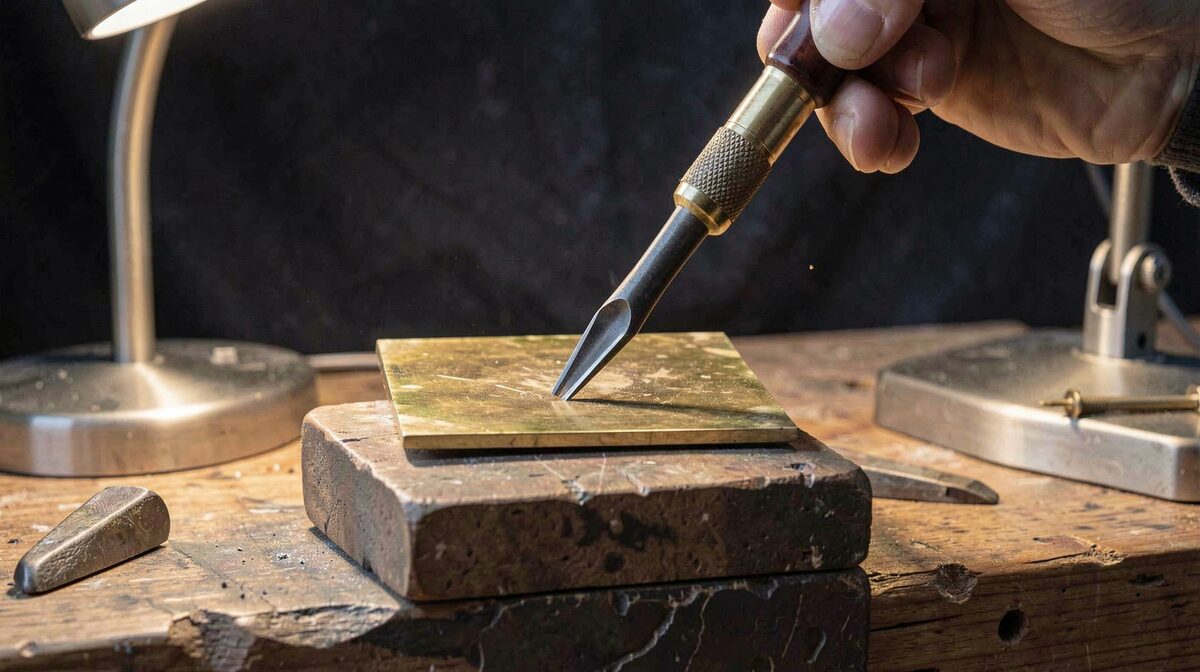 A graver tip entering a brass plate on a jeweler's bench block, lit by two low side lamps with a dark cloth behind, shot tight from a slightly raised camera.
