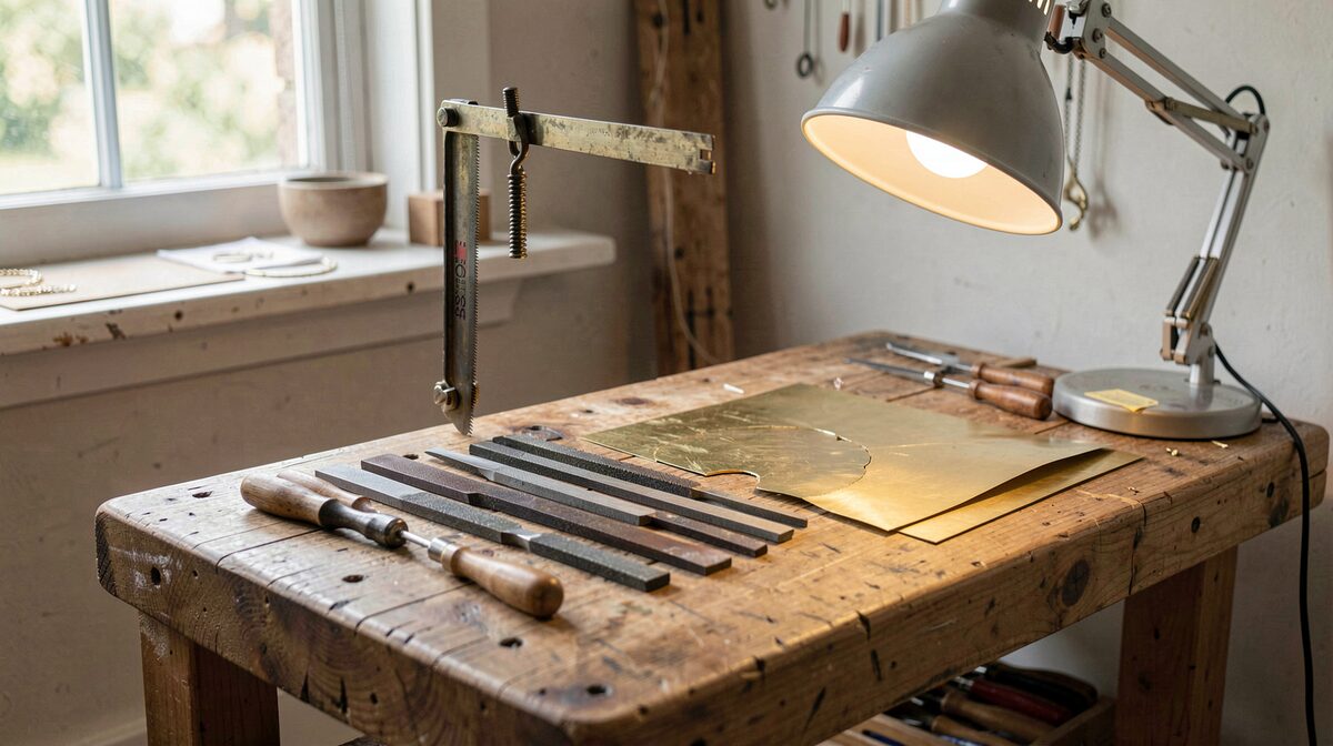A jewellery bench in a teaching studio, saw frame hanging from the bench pin, a row of files laid parallel on the wood, a half-cut sheet of brass under a raking desk lamp, shot from slightly above at the working distance of the hand.