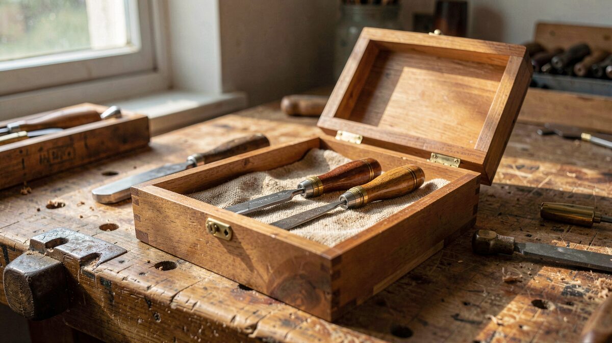 A small wooden tool box open on a workbench in a home workshop, a polished graver and a file laid on a dry cloth inside, low afternoon light from a side window raking across the polished face.